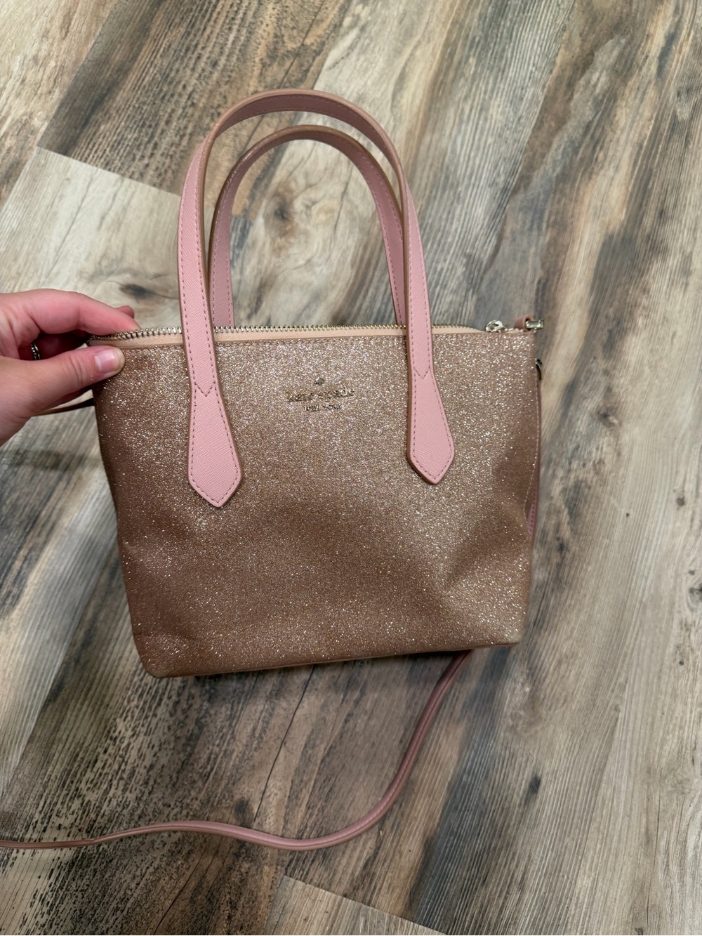 kate spade Glittery Rose Gold Mini Crossbody with Pink Handles